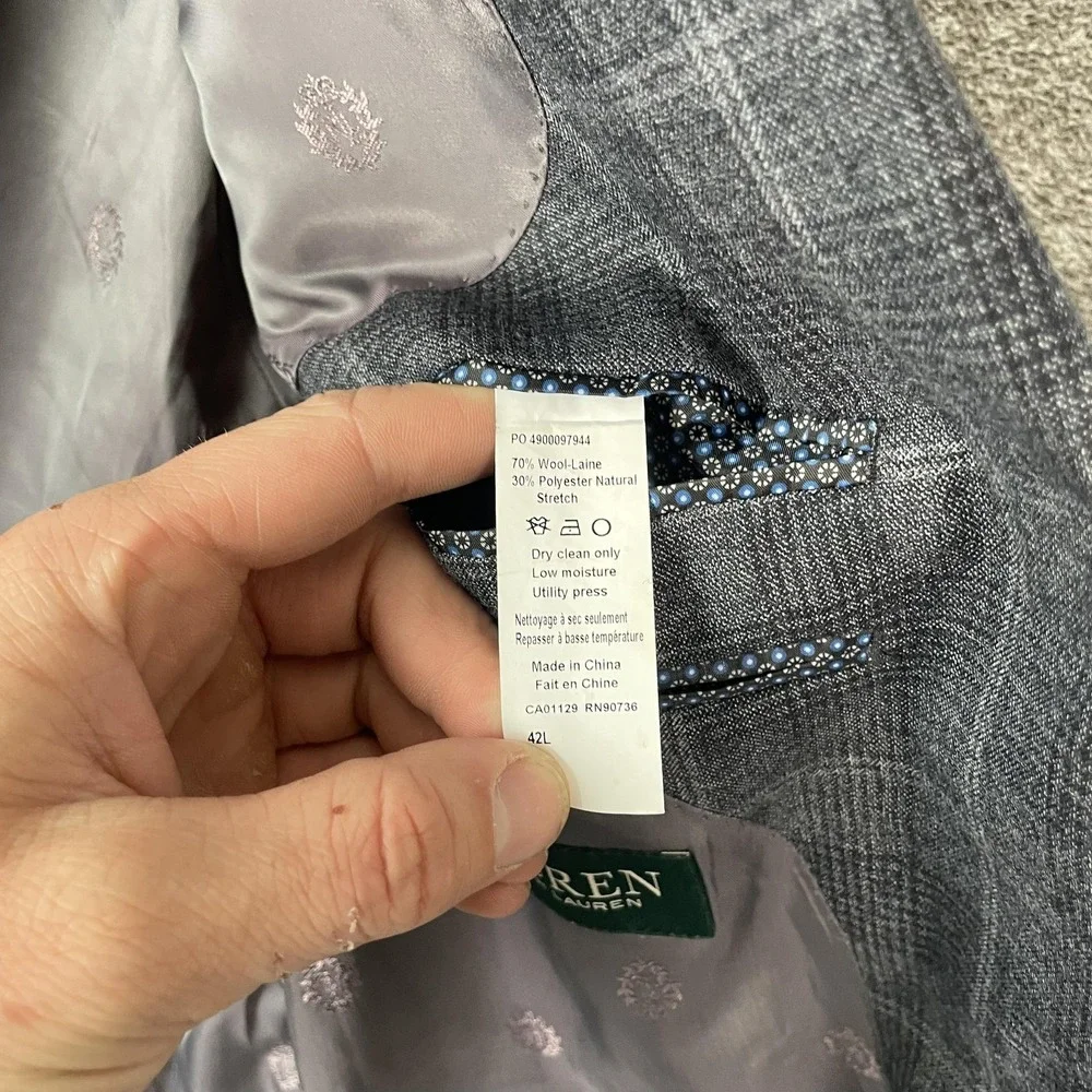 Lauren Ralph Lauren Blazer Mens 42L Gray Plaid Wool Stretch‎ Sport Coat Jacket